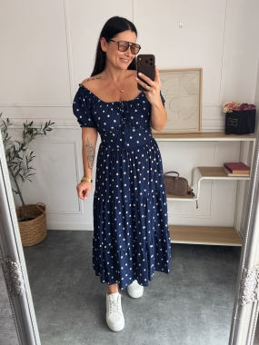 Sukienka Olivia Groszki Białe na Granatowym Tle