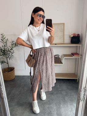 Spódnica wiskozowa Lari białe groszki na beżowym tle 