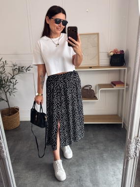 Spódnica wiskozowa Lari białe groszki na  czarnym tle 