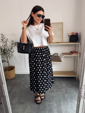 Spódnica wiskozowa Lari duże grochy na czarnym tle 