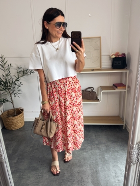 Spódnica wiskozowa Lari czerwone kwiatuszki na beżowym tle 