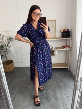 Sukienka Rossi Granatowa w różowe Kwiatuszki 