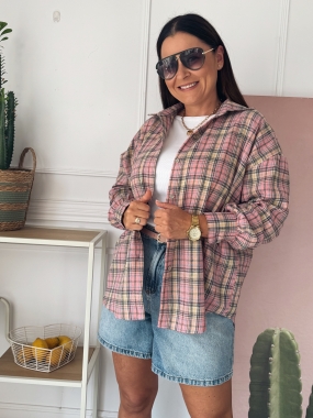 Koszula Kate Pink Drobna krata różowo beżowo czarno niebieska